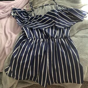 Blue/white striped shorts romper.